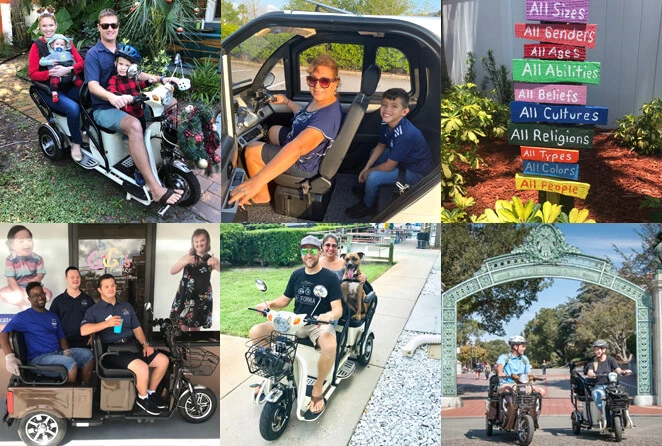 Collage of 6 photos of people posing for photos on their electric trikes
